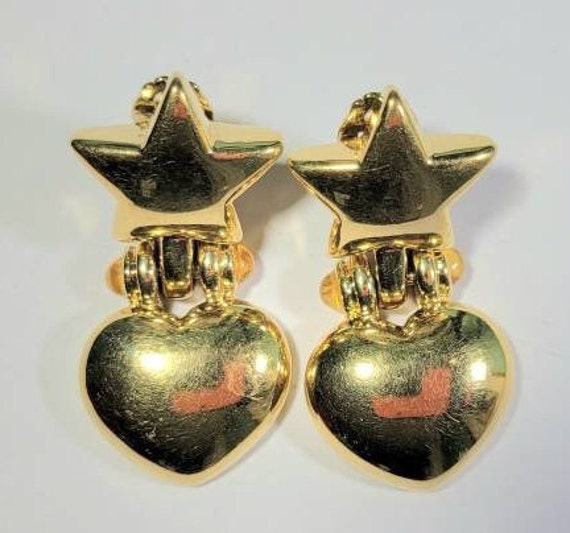 star and heart earrings Vintage shiny gold tone d… - image 1