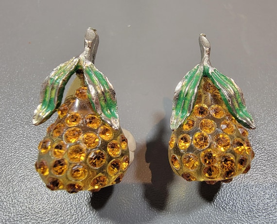 pear earrings clip on lucite rhinestone forbidden fruit