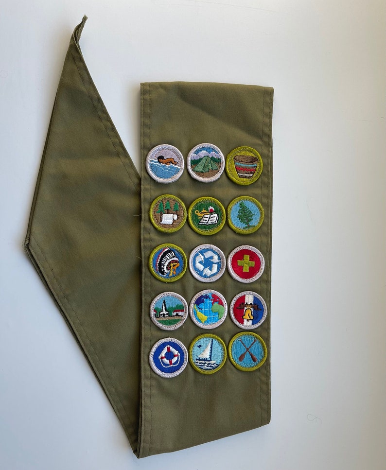 Vintage Boy Scout Badges on Merit Badge Sash 15 BSA Badges Camping Swimming Forestry Reading Lifesaving basketry, Pulp and Paper image 1