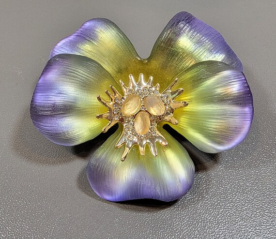 alexis bittar brooch orchid lucite rhinestone center purple yellow flower brooch