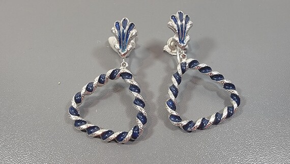 hoop earrings silver tone metal blue enamel screw on