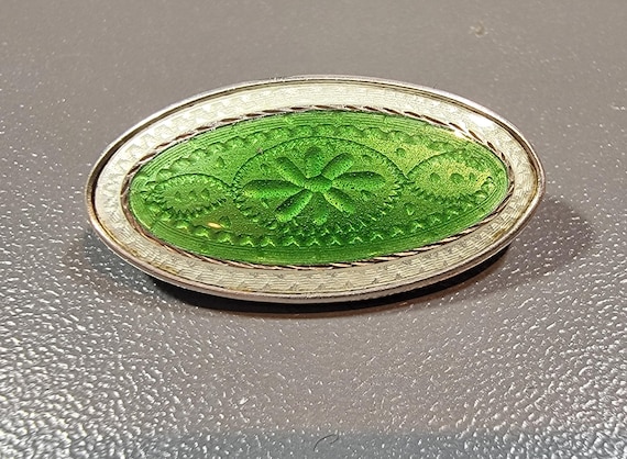 suffragist brooch green and white enamel small oval sterling silver