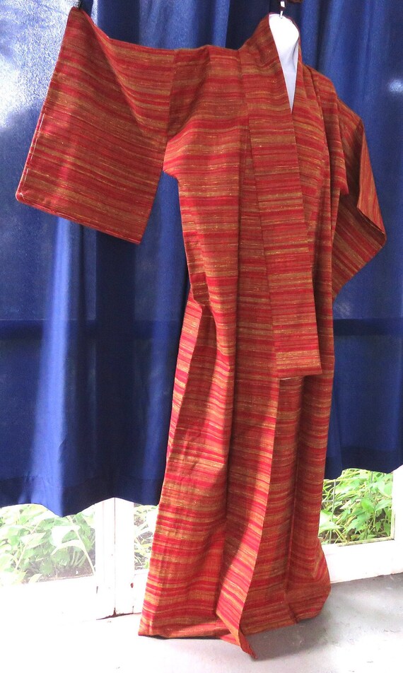 red Kimono Ombre slubby nubby fabric wine gold stripes unlined casual vintage