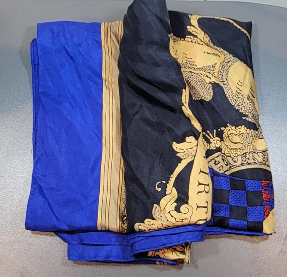 silk scarf royal style heraldic unicorn lion cobalt blue square