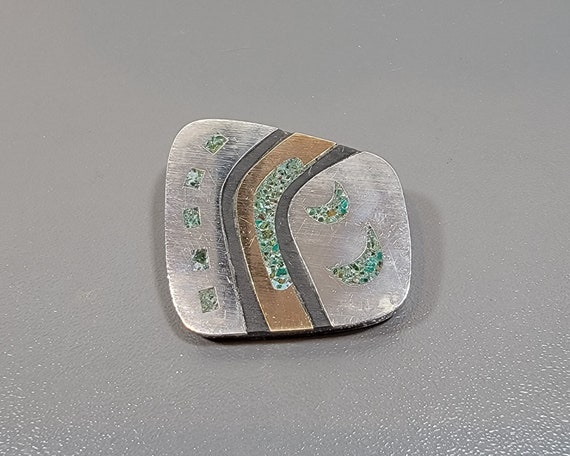 abstract brooch  mixed metals turquoise inlay taxco Mexico