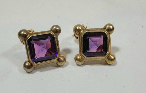 purple stone earrings sterling silver bezels clip on gold gilt
