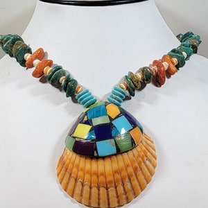 boho necklace shell pendant colorful inlay hematite beads