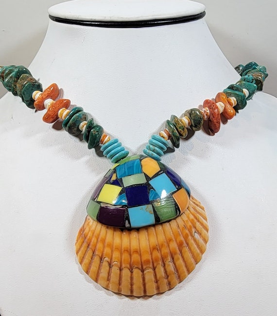 boho necklace shell pendant colorful inlay hemati… - image 1