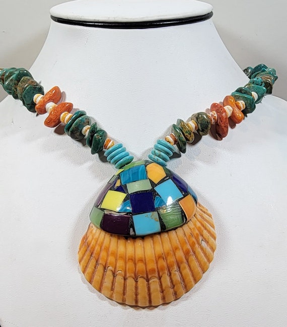 boho necklace shell pendant colorful inlay hematite beads