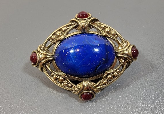 blue brooch antique style renaissance revival blue red gold