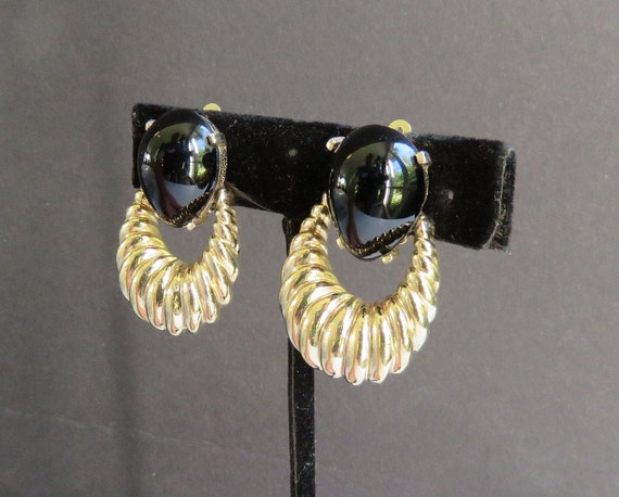 Panetta earrings Black onyx clip door knockers Teardrop shape stones