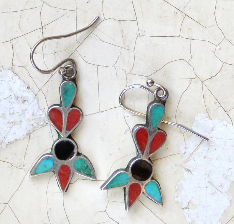 Zuni channel inlay earrings turquoise coral earring onyx Etsy