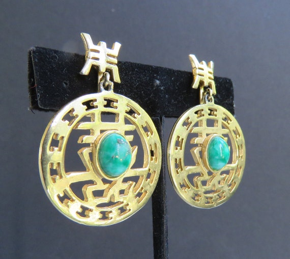 Green glass earrings Fake jade cabochons Asian Da… - image 1