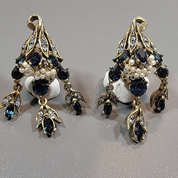 hollycraft earringsmgold plated  blue rhinestones  pearls tear drop shape