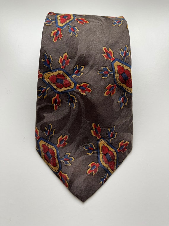 Charles Jordan tie brown Silk Necktie Abstract Floral Motif on Bronze  Made in Italy