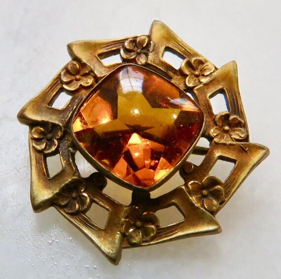 Antique flower brooch Citrine glass Victorian Sty… - image 6