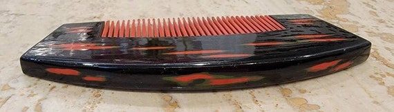 Japanese hair comb modern black red green lacquer… - image 4