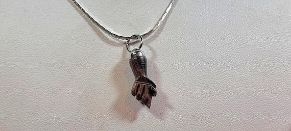 figa pendant necklace silvertone metal carved wood fist