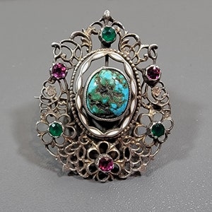 Austro-Hungarian Hungarian brooch  turquoise rhinestones enamel details