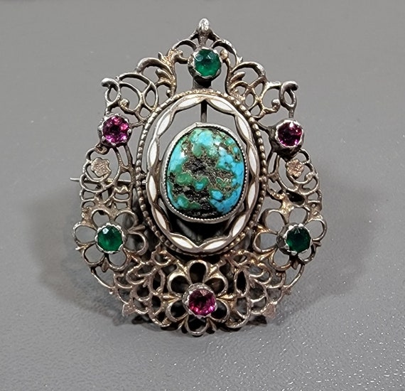 Austro-Hungarian Hungarian brooch  turquoise rhinestones enamel details