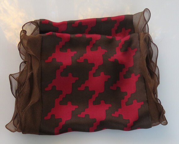 Houndstooth Silk Scarf Red and Brown Rectangular … - image 2