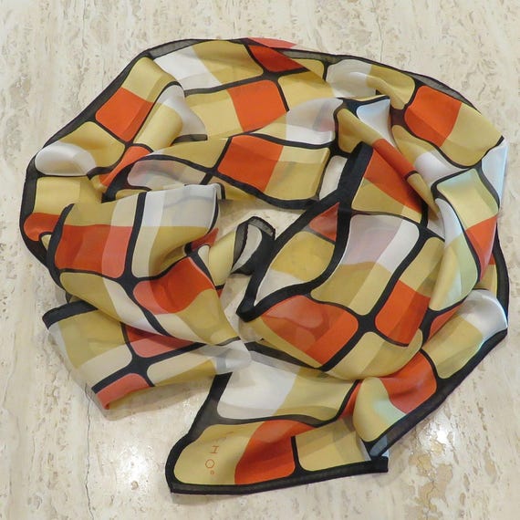Vintage Echo Silk Sheer Orange Scarf Panel Sunny Orange Yellow Geometric Design