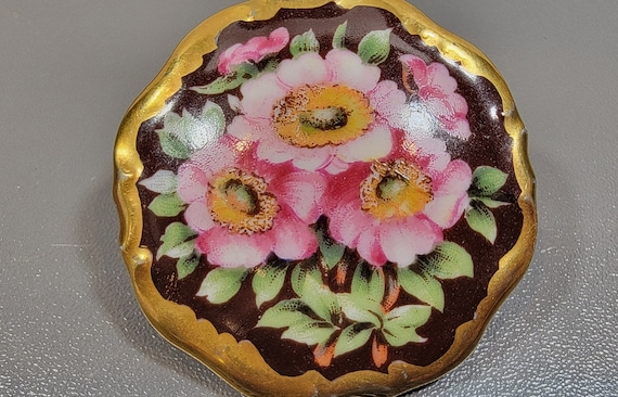 Antique brooch porcelain brooch floral bouquet pink green brown