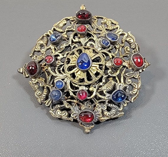 Austro-Hungarian Hungarian brooch large blue red stones