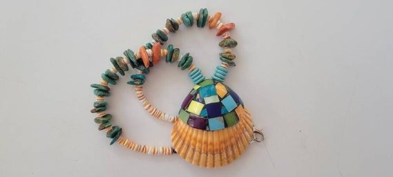 boho necklace shell pendant colorful inlay hemati… - image 10