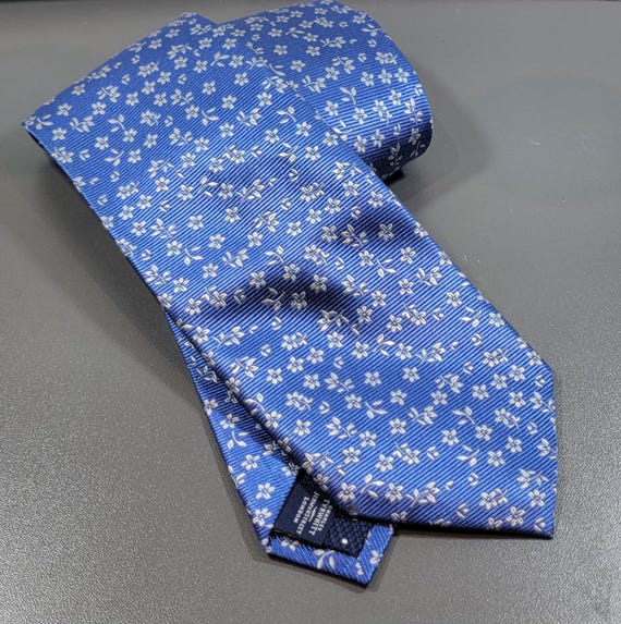 Blue silk tie vintage charles tyrwhitt small white floral pattern