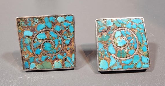 turquoise cufflinks chip inlay large square links sterling silver
