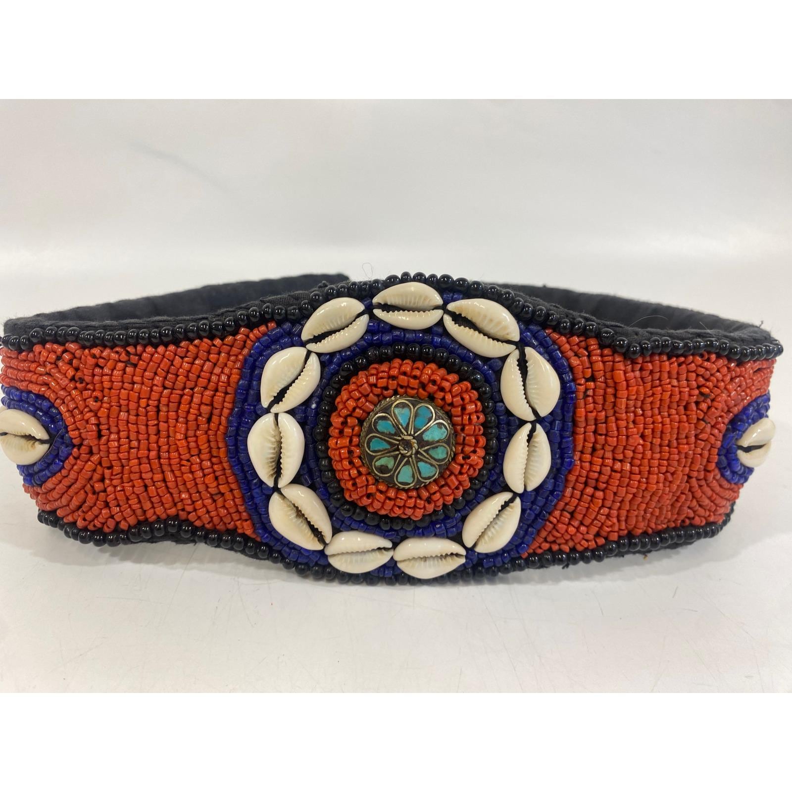 Vintage 1970’s Embellished Ladakh Turquoise Cowry Shell Coral Beaded Boho Belt Item #960M- Large Vintage Navajo Turquoise and Coral  main image 4