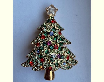 Spilla natalizia vintage color oro con strass multicolore a forma di albero, 4,3 cm (1,7 pollici).