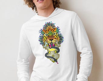 Koszula z długim rękawem i kapturem Jaguar Spirit – Shipibo Visionary Art