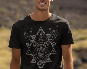 Maglietta in cotone biologico con motivo cervo Huichol – Visionary Art Festival Wear