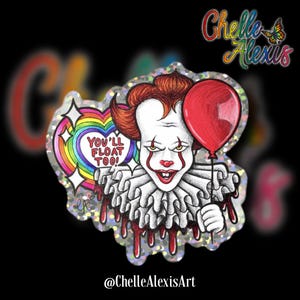 You&#39;ll Float Too Killer Clown Classic Horror Movie Icon Holographic Glitter Sticker | Vinyl Weatherproof Durable Halloween