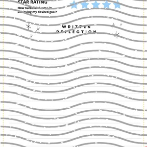 May include: A white printable self-reflection journal page with a grey wavy line pattern. The page includes a star rating section with the text "How successful was I in achieving my desired goal?" and a section for written reflection.