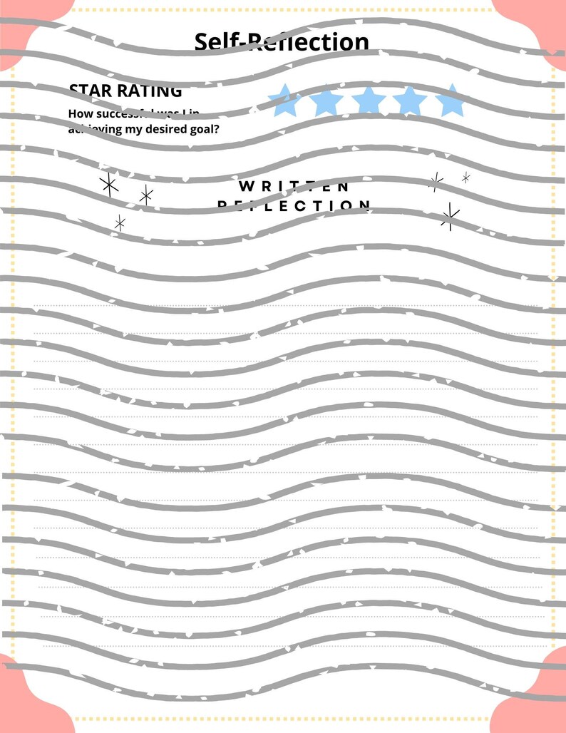 May include: A white printable self-reflection journal page with a grey wavy line pattern. The page includes a star rating section with the text "How successful was I in achieving my desired goal?" and a section for written reflection.