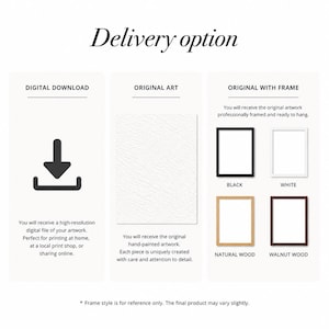 May include: Image showing delivery options for artwork: digital download, original art, and framed art in black, white, natural wood, and walnut wood. Text reads "Delivery option" and describes each choice.