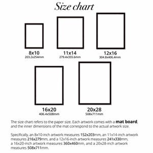 May include: A size chart with five rectangular frames in black, each with a white interior. The sizes are 8x10 inches, 11x14 inches, 12x16 inches, 16x20 inches, and 20x28 inches. Text below details artwork measurements in inches and millimeters.
