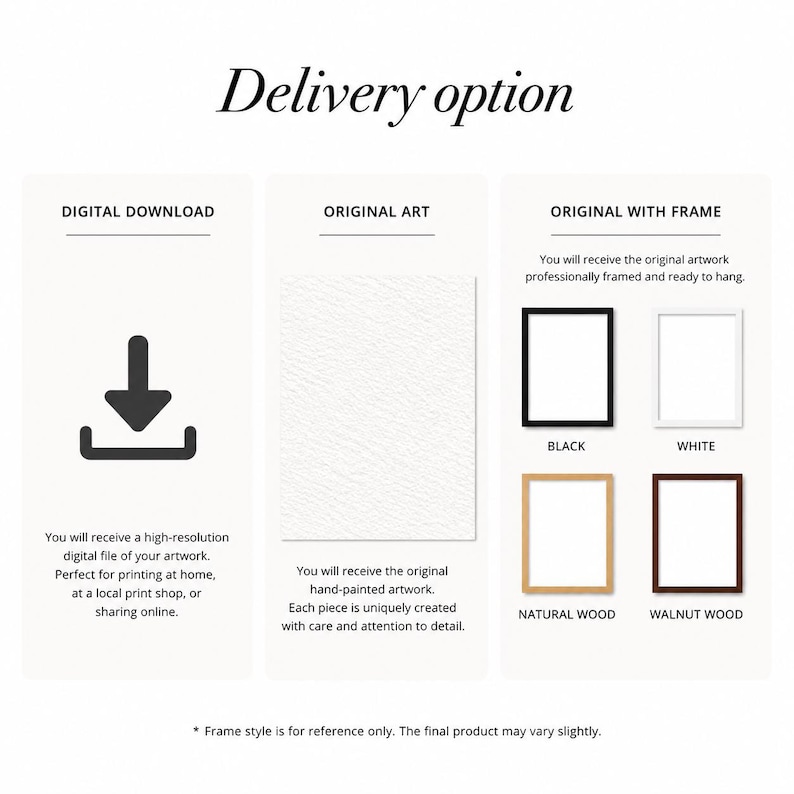 May include: An image displaying delivery options for artwork. Options include digital download, original art, and original art with frames in black, white, natural wood, and walnut wood. Text reads "Delivery option".