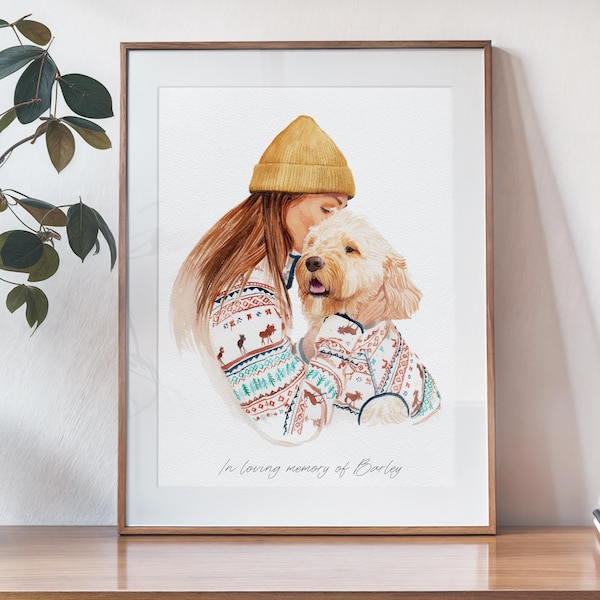 Ritratto personalizzato di un animale domestico dipinto a mano, ritratto ad acquerello con un animale domestico, dipinto di un animale domestico e del suo proprietario da una foto, regalo di Natale, ricordo di un animale domestico, regalo per la perdita di un animale domestico