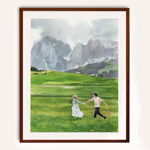 May include: Watercolour print of a couple running through a green meadow with mountains in the background. The artwork is framed in a dark brown wooden frame. The couple is holding hands, and the woman is wearing a white dress.