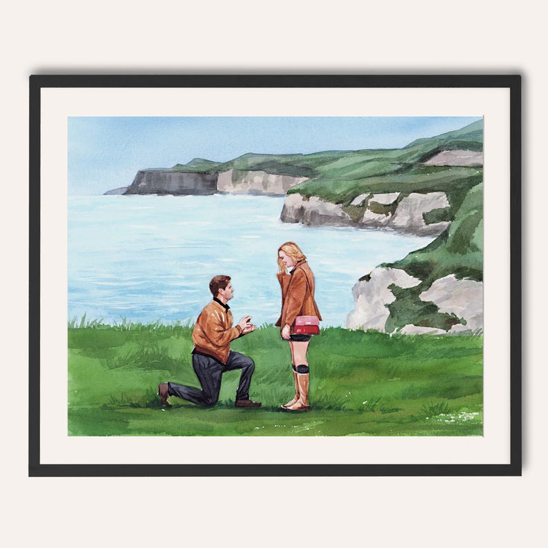 May include: Watercolour painting depicting a marriage proposal. A person kneels, facing another person, with a coastal backdrop. The artwork uses a vibrant palette of greens, blues, and browns, capturing a romantic moment. The scene is set by the sea.