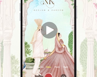 Könnte beinhalten: Animierte Videoeinladung auf einem Smartphone-Bildschirm. Die Einladung zeigt eine Aquarellillustration eines Paares in traditioneller Kleidung. Text enthält "Animated Video Invite", "Neelam & Kareem" und Optionen für Video, Foto und Nacht.
