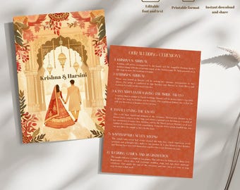 Può includere: Un biglietto d'invito a nozze con una calda tavolozza di colori, con un'illustrazione di una coppia che cammina verso un arco. Il testo "Krishna & Harsini" è visualizzato. La carta include anche dettagli sulla cerimonia.