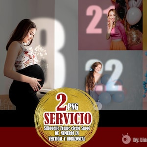 Puede incluir: Imagen compuesta con una persona embarazada y varias imágenes de personas con los números 21 y 22. El texto en español dice: "2 PNG SERVICIO, Silhouette Frame efecto Snoot DE NUMEROS EN VERTICAL Y HORIZONTAL."