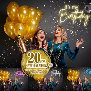 20 - NEON Happy birthday PNG sign overlays