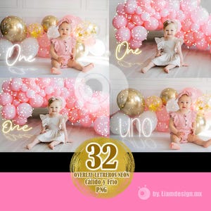以下が含まれることがあります： ピンク、ゴールド、白の風船に囲まれた赤ちゃんの画像コラージュ。「One」の文字がネオンで書かれています。赤ちゃんはピンク色の服を着ています。「32」の数字とテキストが入った金の円が前景にあります。