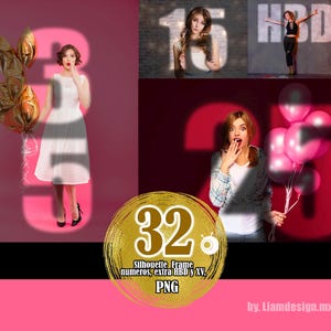 Op de afbeelding: Een gouden frame met een zwart silhouet van het nummer 32. Het frame heeft een textuur gouden achtergrond en een witte omtrek. De tekst "Silhouette Frame" staat onder het nummer, gevolgd door "numeros, extra HBD y XV, PNG" en "by. Liamdesign.mx".